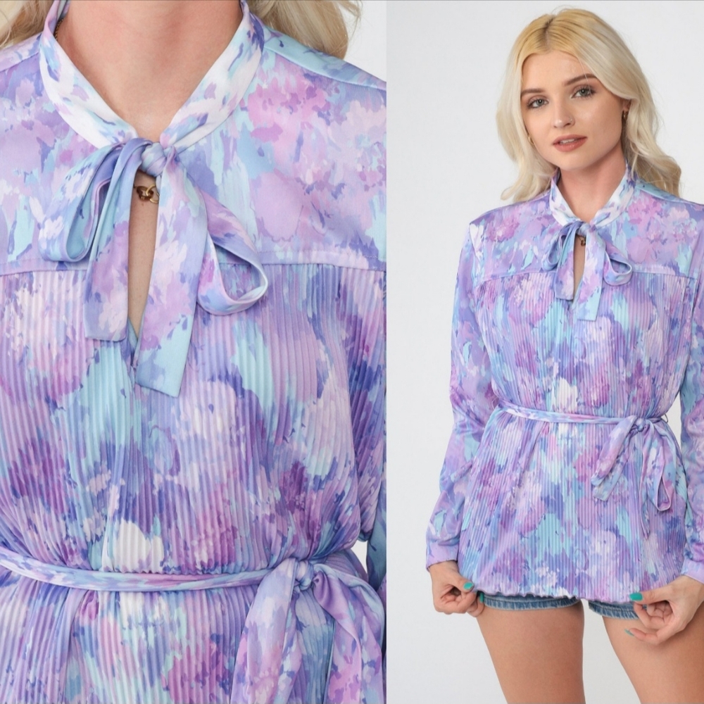 Vintage Watercolor Bowtie Floral Belted Shirt 70s Ascot Blouse